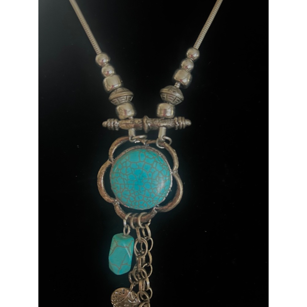 Turquoise Look Medallion Coin Charm Long Necklace Silver Tone Boho Western chic - Picture 2 of 5